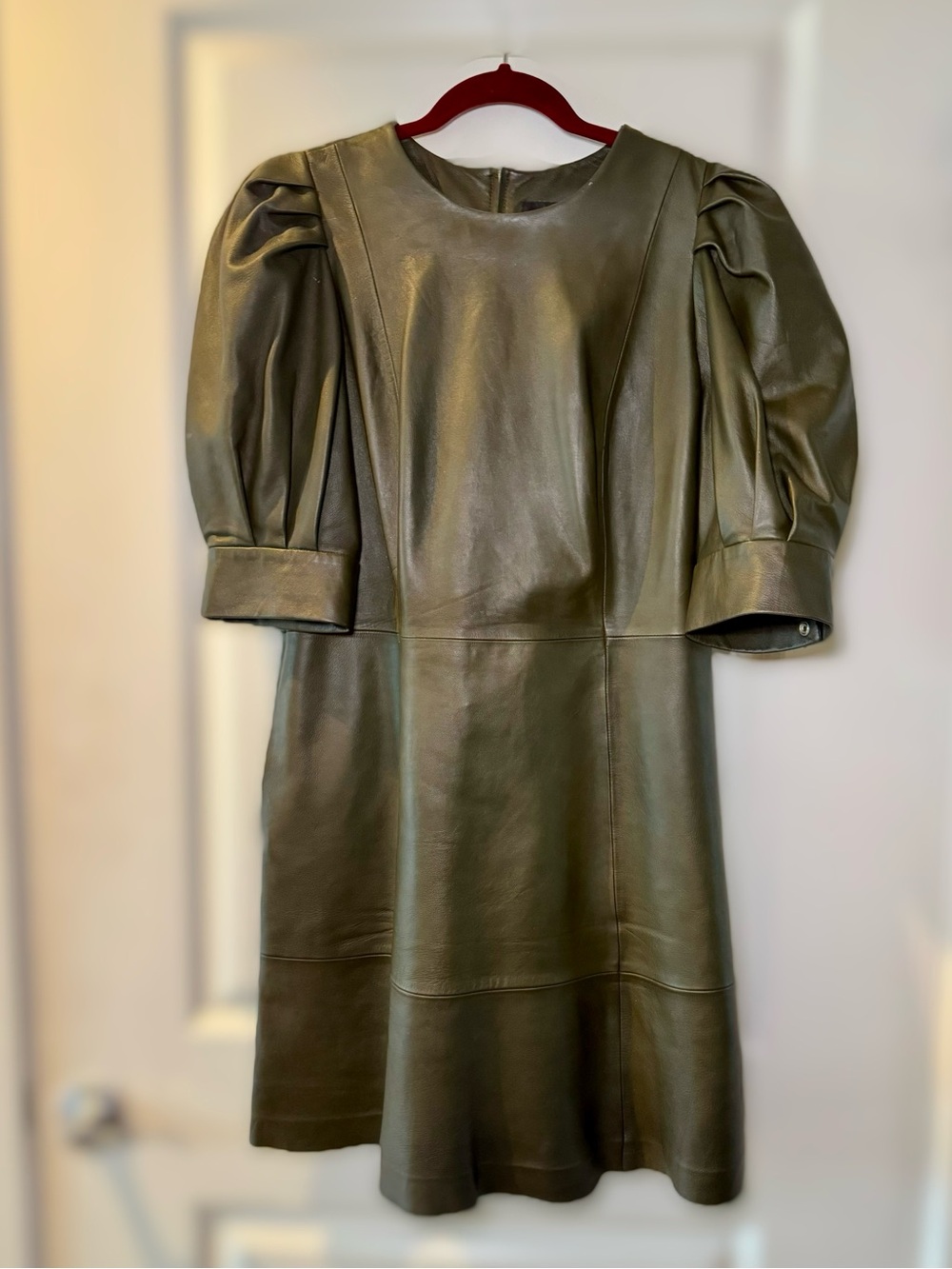 Ted Baker LUATA Olive 100% Leather Puff Sleeve Mini Dress Ted Sz 4 - US Sz 10